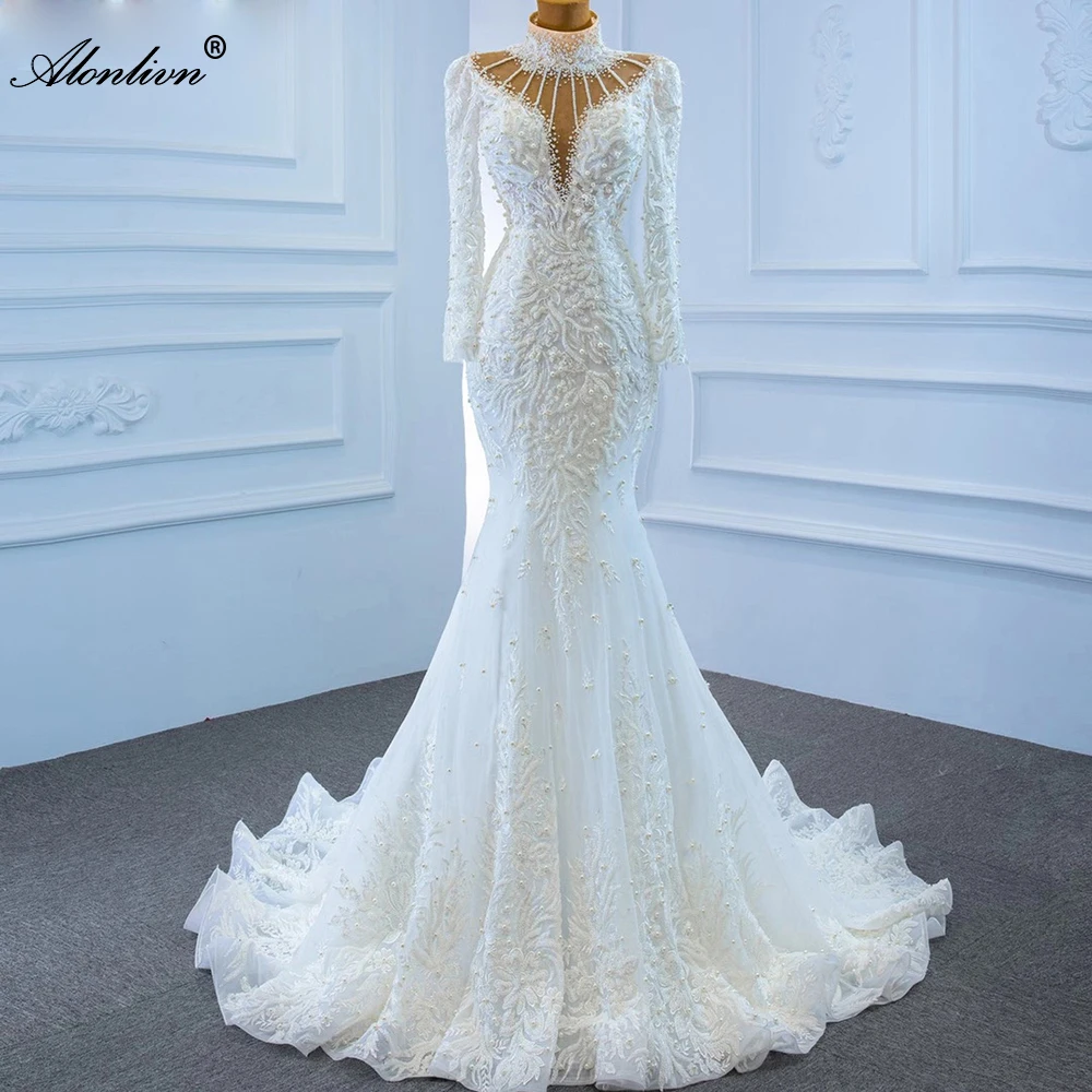 

Alonlivn Full Of Embroidery Heavy Beads Lace Mermiad Halter Long Sleeves Wedding Gowns Novias