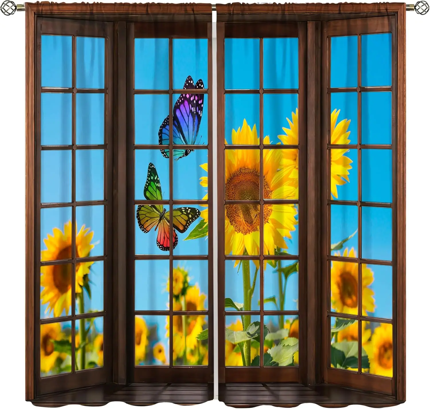 Sunflower Window Curtains, Butterflies Dancing On Sunflower Flowers are Suitable for Bedroom Kitchen Living Room, Home Wall