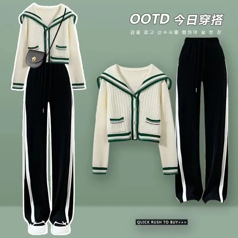 Autumn and Winter Women's Set 2023 Korean Edition College Style Knitted Cardigan Coat+High Waist Wide Leg Pants Two Piece Set