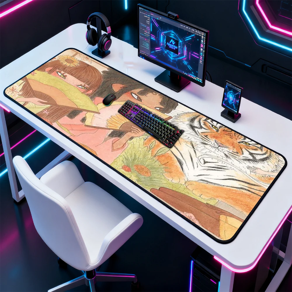 Japanese Watercolor Mouse Pad Large Floral Anime Deskmat Gaming 140x60 Kawaii Mousepad Girl Tiger Giant Desk Mat Desk Decor