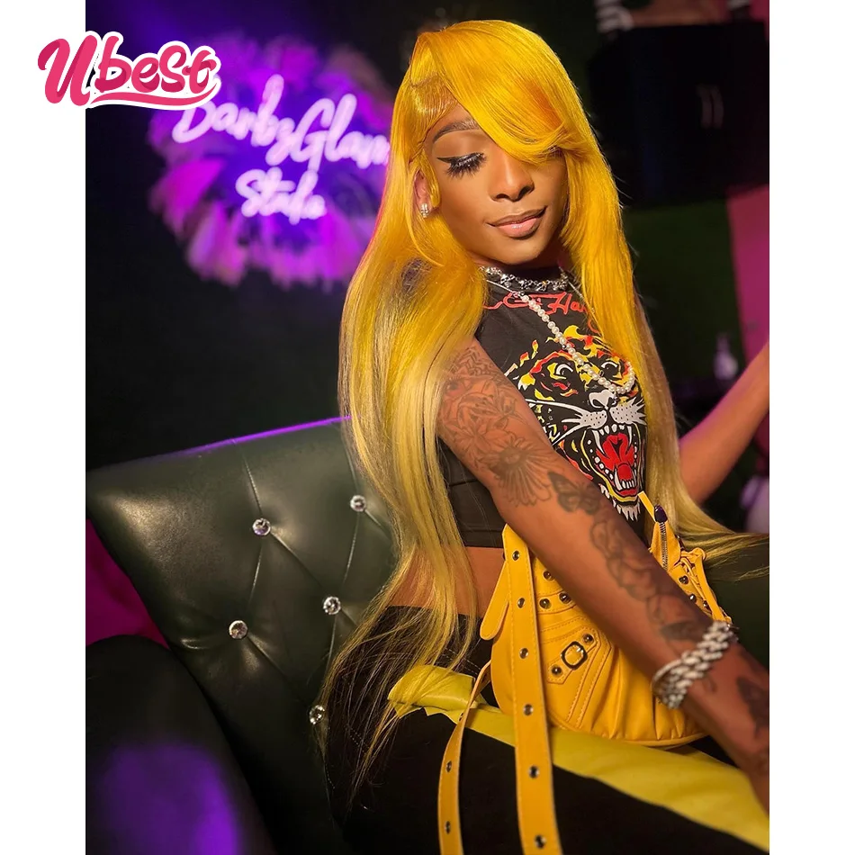 

Yellow 613 Colored Straight 13x6 Lace Front Wigs Brazilian Hair 100％ Human Hair Transparent 200％ Density Pre Plucked For Women
