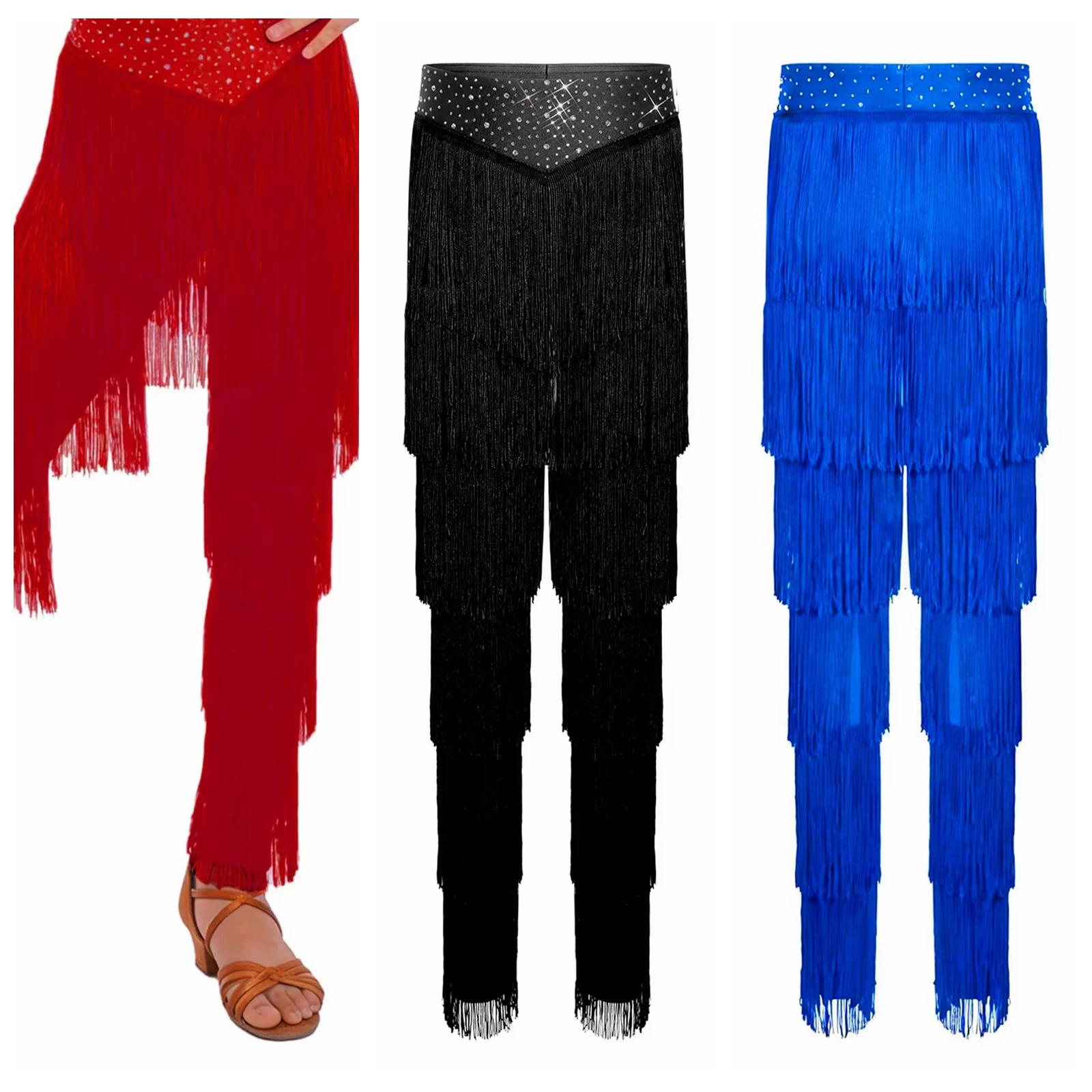 

Детские брюки для латиноамериканских танцев для девочек с бахромой, эластичным поясом и многоярусными кисточками, для самбы, румбы, сальсы, ча-ча-ча, костюм для выступлений