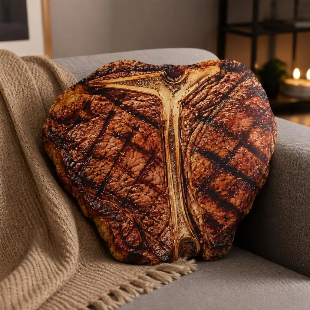 Grilled T Bone Steak Plush Pillow BBQ Lover Cushion Realistic Beef Throw Pillow Irregular Stuffed Food Decor Steakhouse Gift