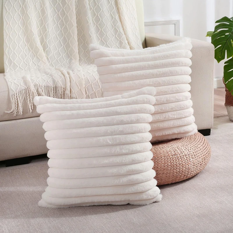 Pillow Cover Faux Rabbit Fur Square Cushion Big Thick Striped Super Soft Solid Color  45x45cm Sofa Decor Cushion Cover