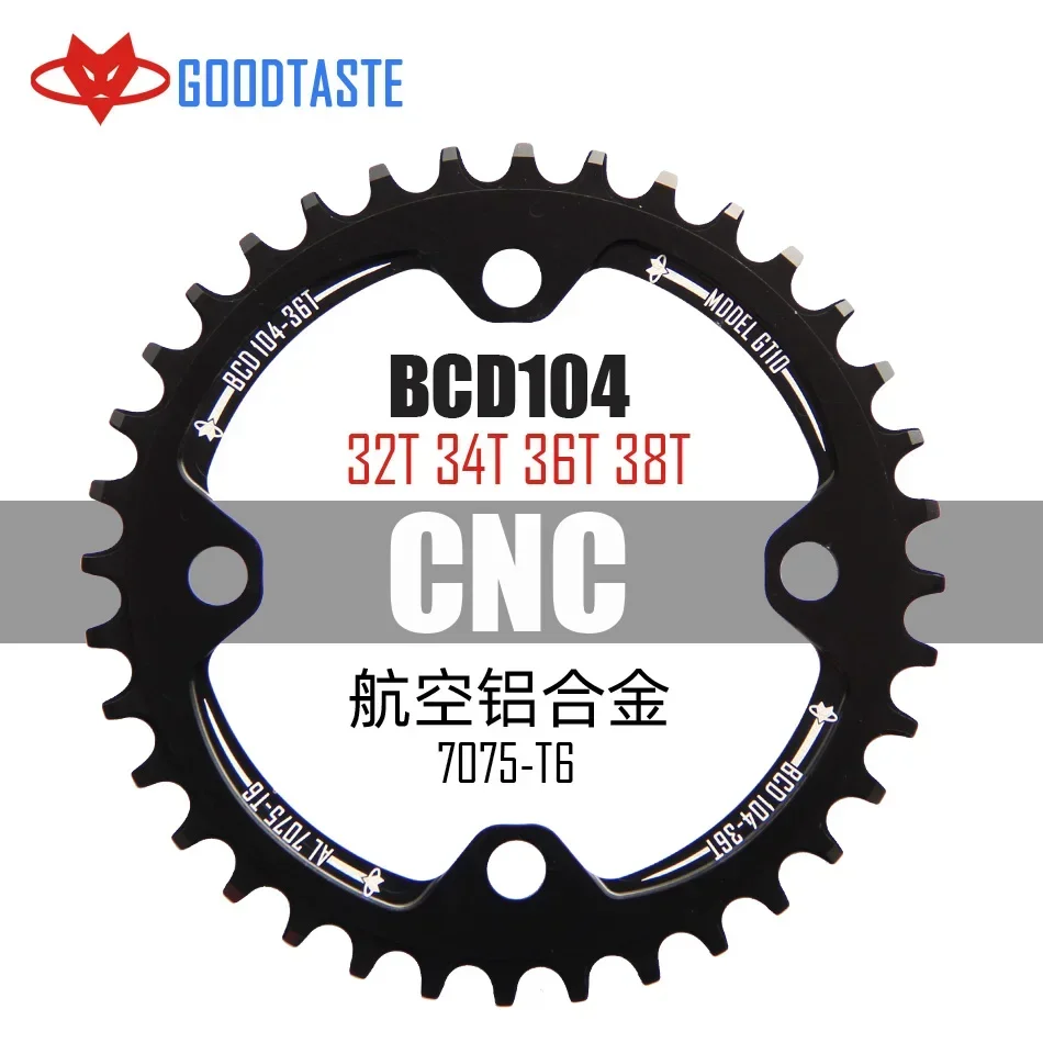 Alumínio Alloy Single Speed System Chainring, MTB Anel de bicicleta, Bike Crankset Placa, corrente larga, folheto, 104 BCD, CORRENTE, 32 T, 34 T, 36 T, 38 T