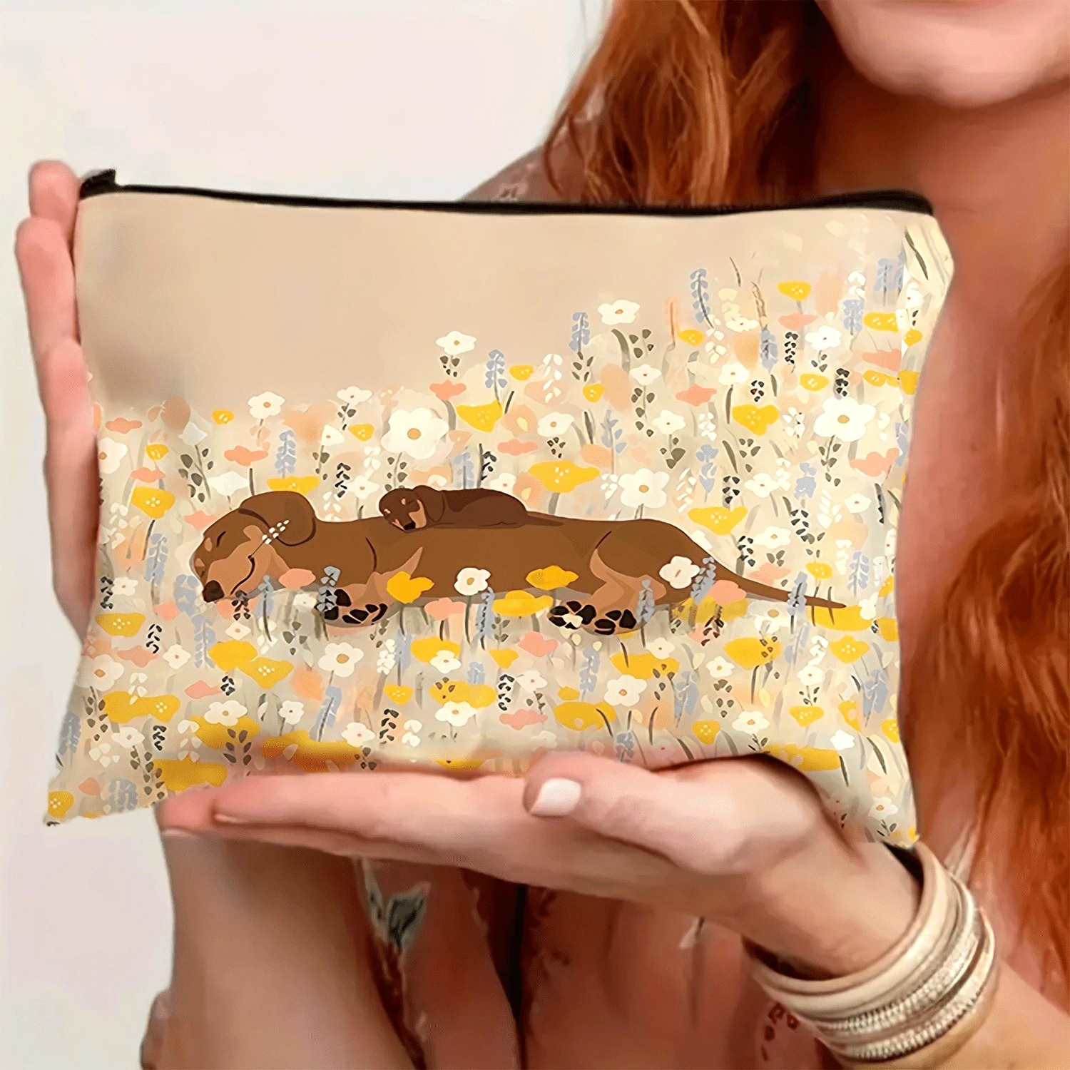 Makeup Pouch Featuring A Garden Theme and A Sleeping Sausage Dog Durable Materials Lightweight and Foldable Travel Storage Bag