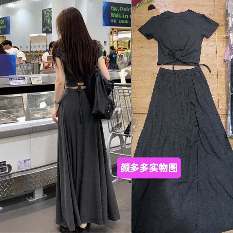

Hot Girl Casual Suit Women's Summer Short-sleeved Lace-up Top High Waist A-line Long Skirt Two-piece Set Fashion Female Clothes