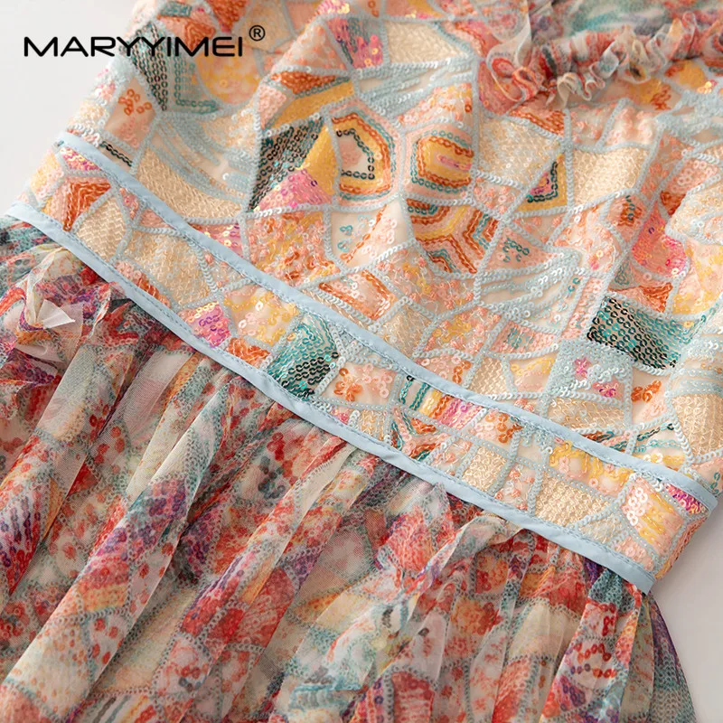 Mary yimei-Vestidos estampados con volantes y lentejuelas para mujer, vestidos de columpio grandes, cuello levantado, empalme Delgado, diseñador de moda, primavera y verano