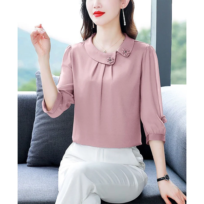 Summer New Solid Color Doll Collar Patchwork Blouse Ladies Elegant Fashion 3/4 Sleeve All-match Vintage Top Women Chiffon Shirt