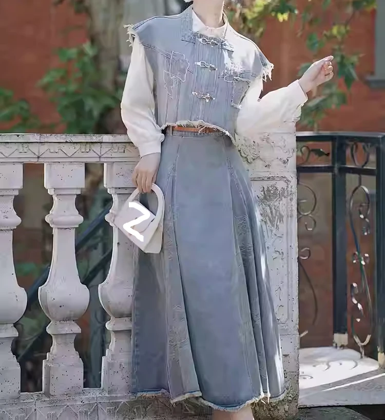 Primavera Autunno Jacquard Sciolto senza maniche Azzurro Gilet versatile Moda Retro Riduzione dell'età Gonna in denim universitario a vita alta