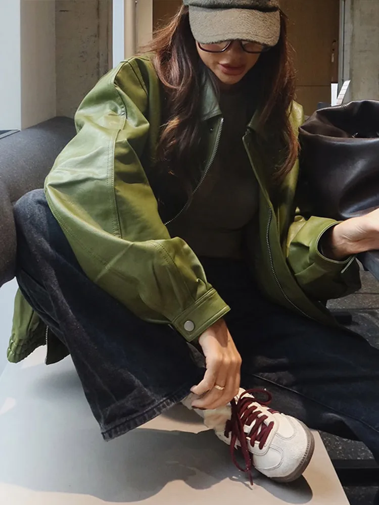 Veste en cuir vert Olive pour femmes, manteau avec Silhouette Vintage, fermeture éclair à revers, pardessus court, haut ample, vêtements d'extérieur, automne