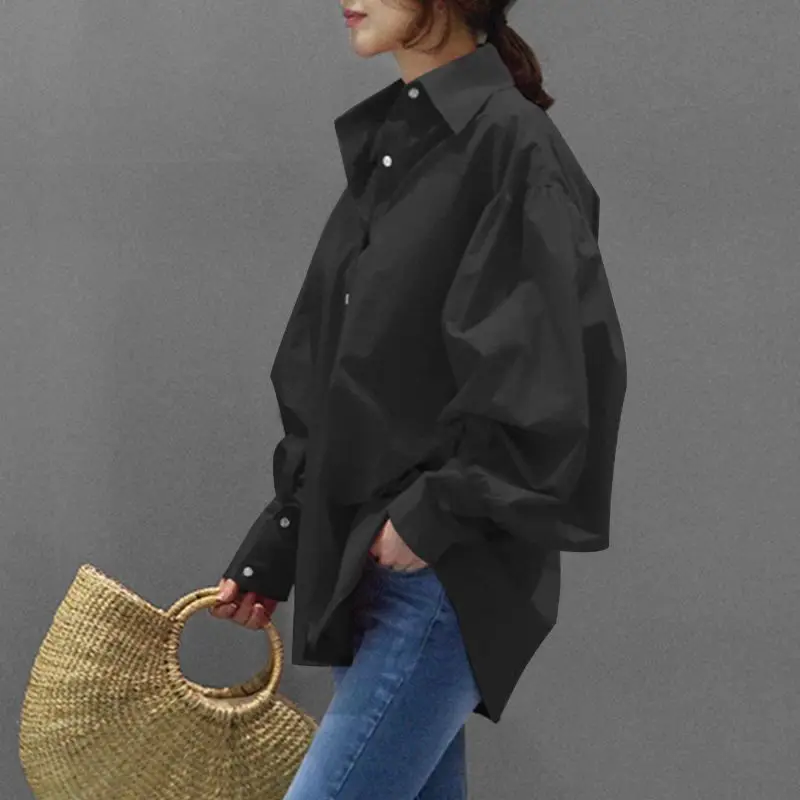 Kuzuwata Casual Shirts Femme Lantern Sleeve Lapel Blusas 2024 Summer Korean Simple Retro Solid Color Office Ladies Style Blouse