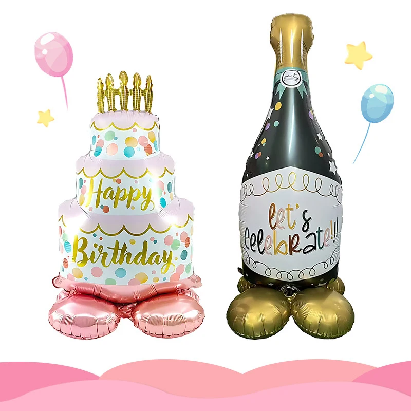 1PC Large Standing Cake & Wine Bottle Aluminum Foil Balloon Self‑Standing Birthday Champagne Bottle Foil Balloon for Party