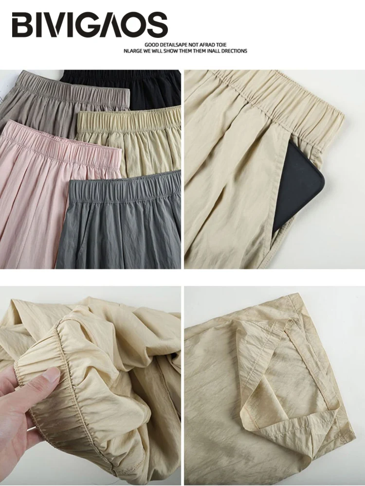 BIVIGAOS 2024 New Ice Silk Wide Leg Pants Women Spring Summer Thin Pleated Casual Straight Pants High Waist Breathable Pants