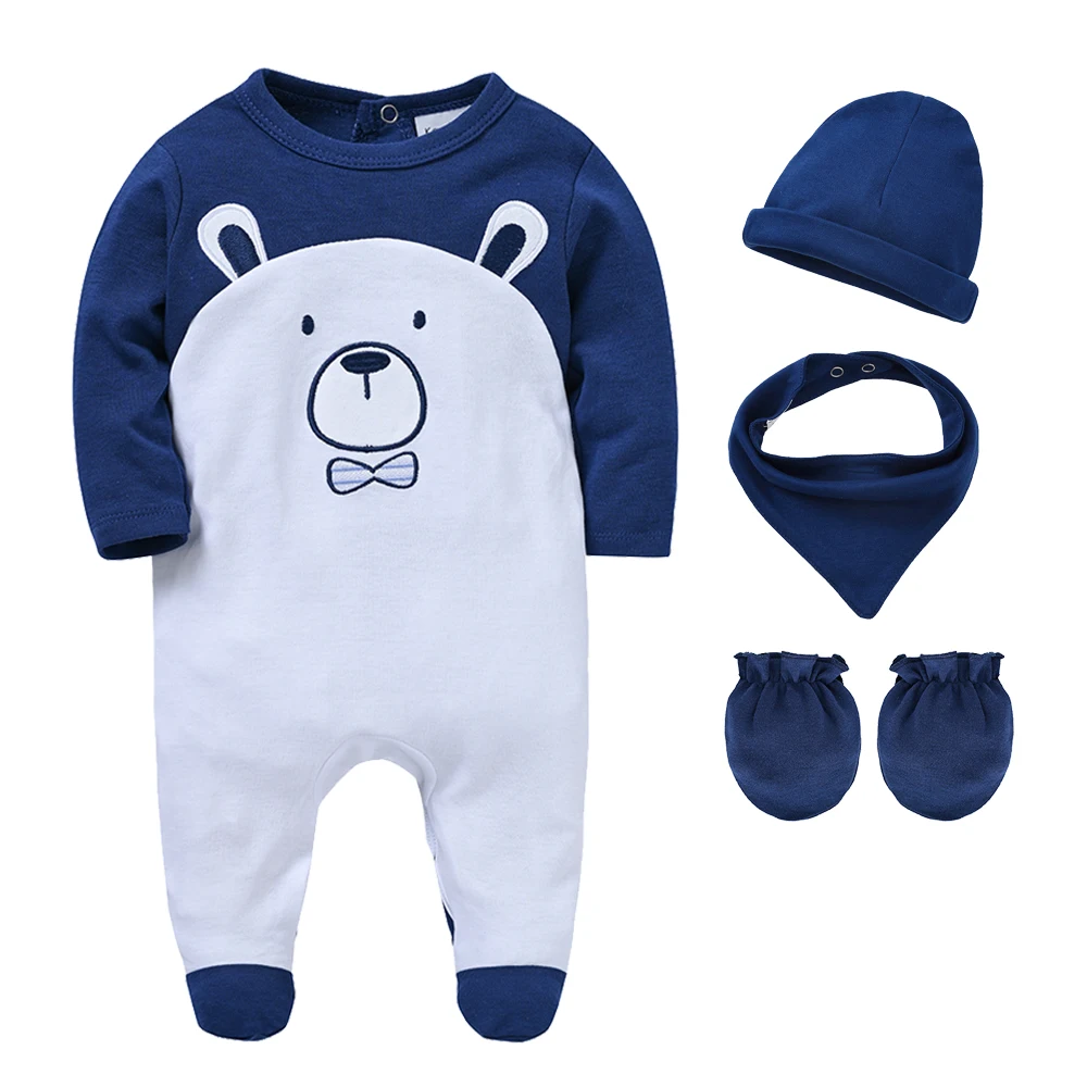 5 Pcs/Lot  Newborn Baby Boys Clothing Set Blue Bear Jumpsuit+Hat+Bib+Mittens 100% Cotton Kids Romper Clothes Cute Boys Gift Suit