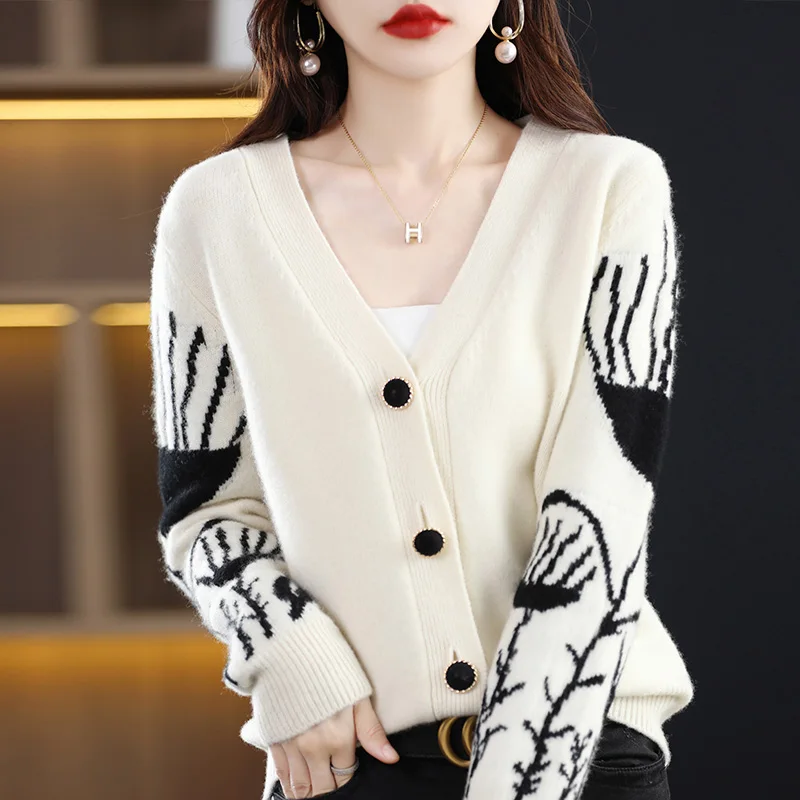 

New Style Spring Autumn Women Sweater V-Neck Cardigan 100% Merino Wool Landscape painting Knitwear Korean Fashion Women Clothing