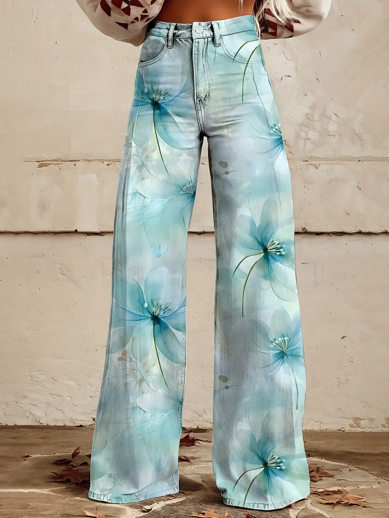 Women's new casual jeans with a variety of colorful western prints, loose wide leg design, and Cartoon dinosaur print pattern