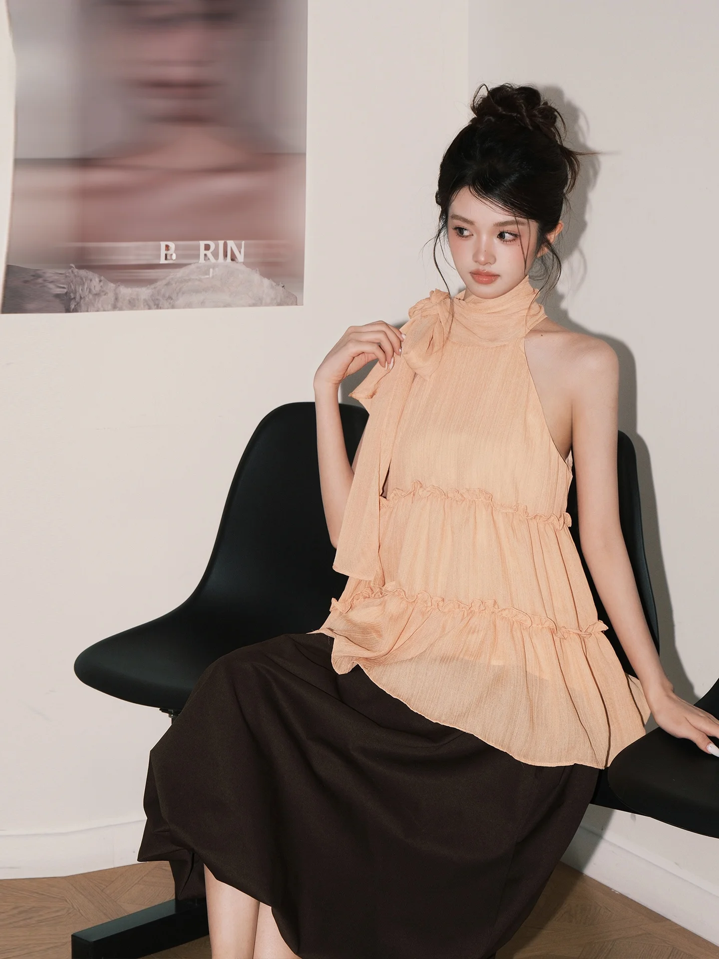 Orange Neck Hanging Sash Vest Women's Summer Outwear Slimming Lace Trim Elegant Top Women's Fashion Straight Cut Sleeveless