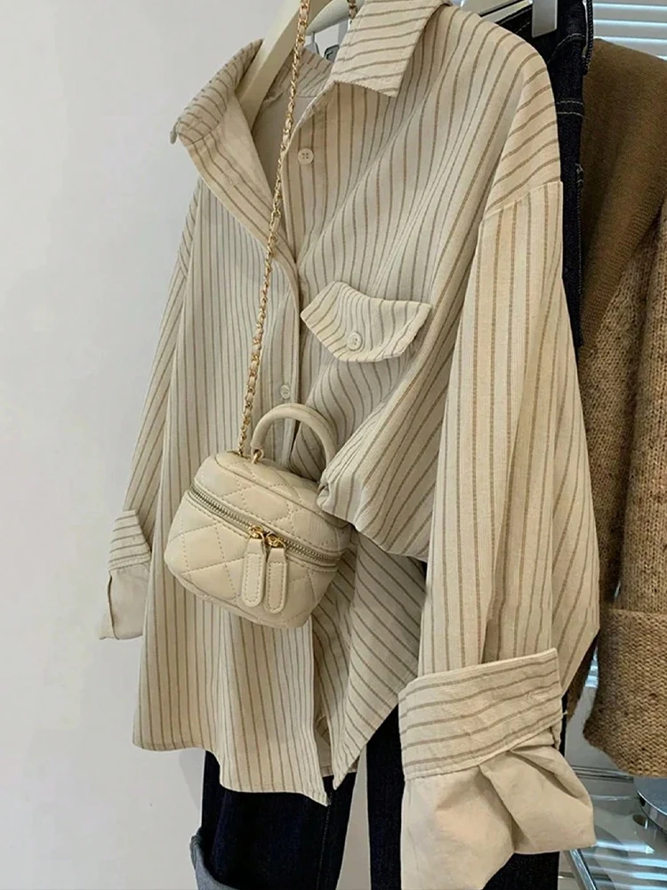 

Новая вельветовая текстурированная женская полосатая рубашка с длинным рукавом, офисная элегантная однобортная рубашка на пуговицах с карманами, повседневная блузка