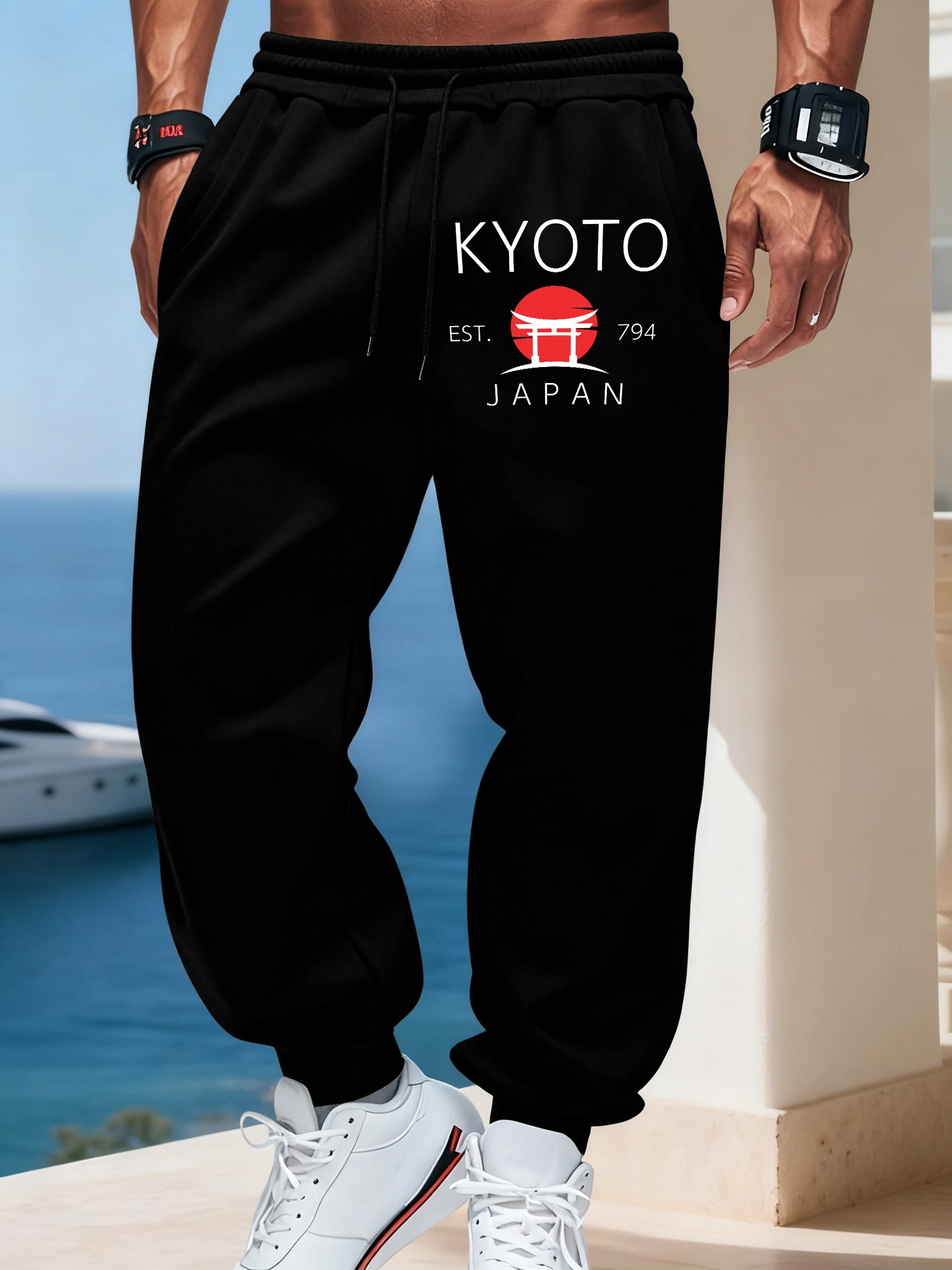 Kyoto Japan Letter Print Basic Sport Britches Unisex Drawstring Fashion Long Pant Street Casual Sweatpants Warm Fleece Pants Men
