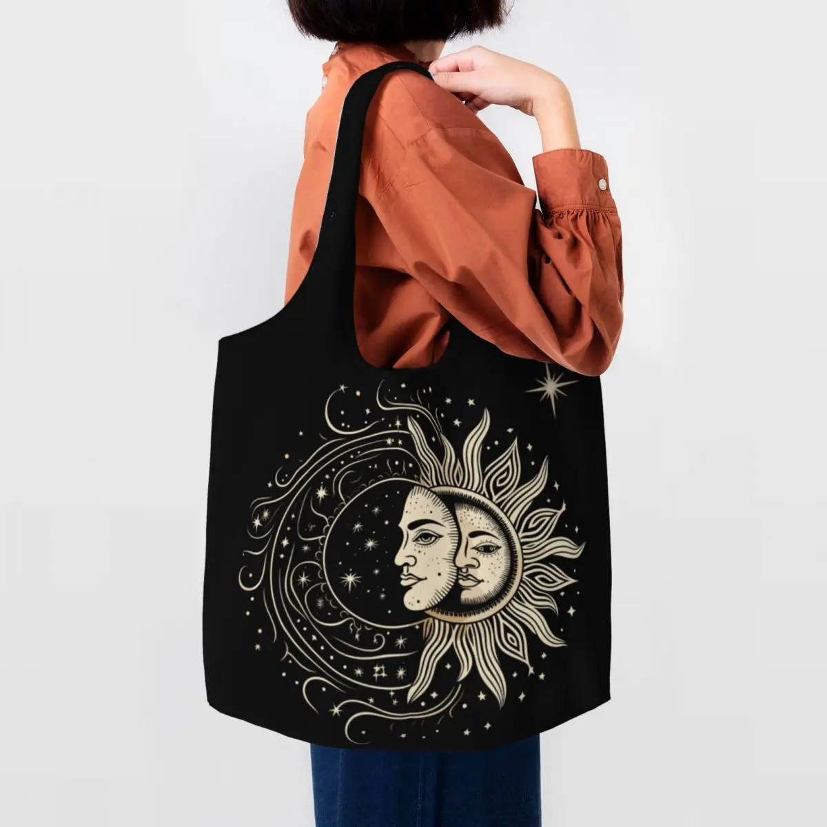 Custom Sun And Moon Canvas Shopping Bags Women Portable Large Capacity Groceries Shopper Tote Bags