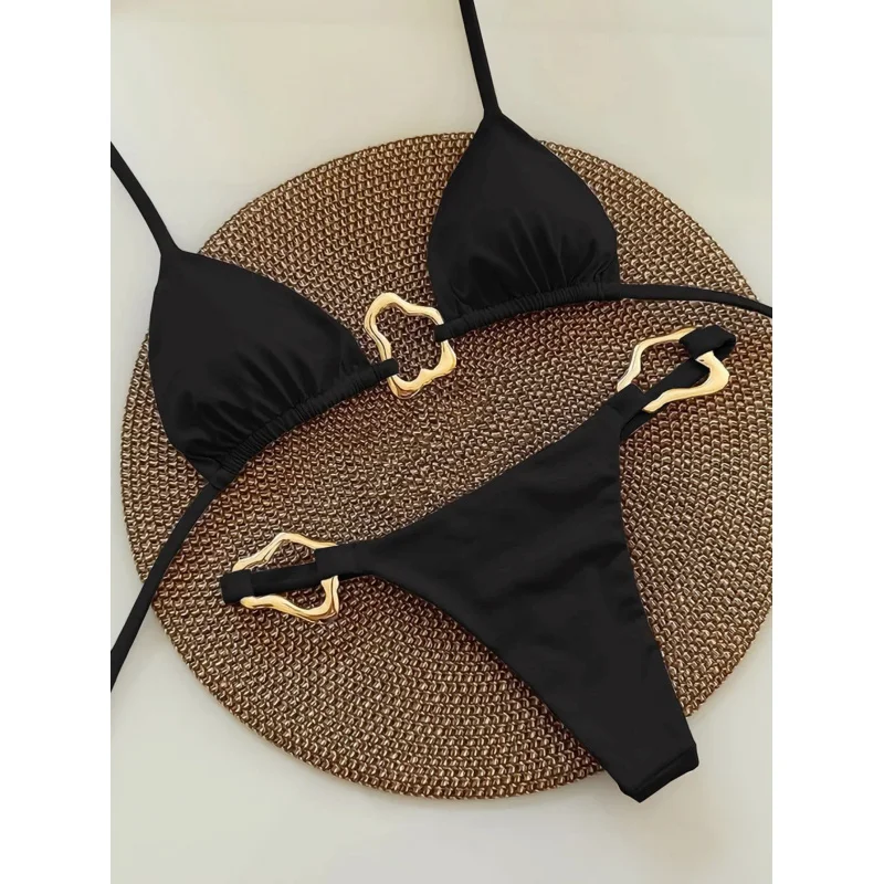 

2024New Bikini Irregular Metal Accessories Solid Color Swimsuit Beach Sexy Women's Swimsuit