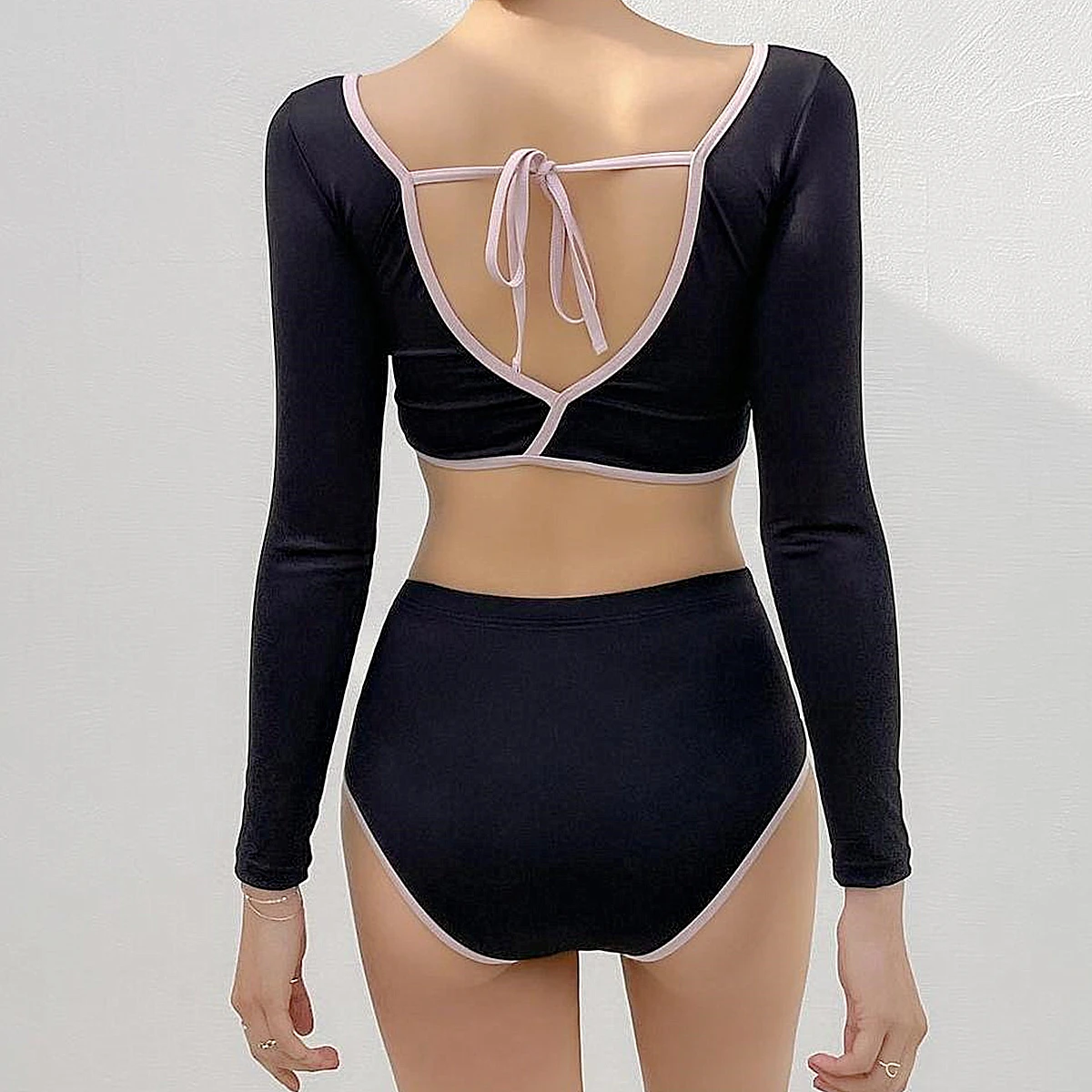 2023 Newest Women Bikini Set Black Two Pieces Long Sleeves Deep V Beach Wear Padded Korean STyle Bathing Suit