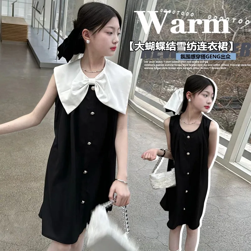 

Girl's Sleeveless Dress 2024 Summer New Children's Thin Bow Neck Fashion Doll Dress Girl's Black Temperament Sweet Dress