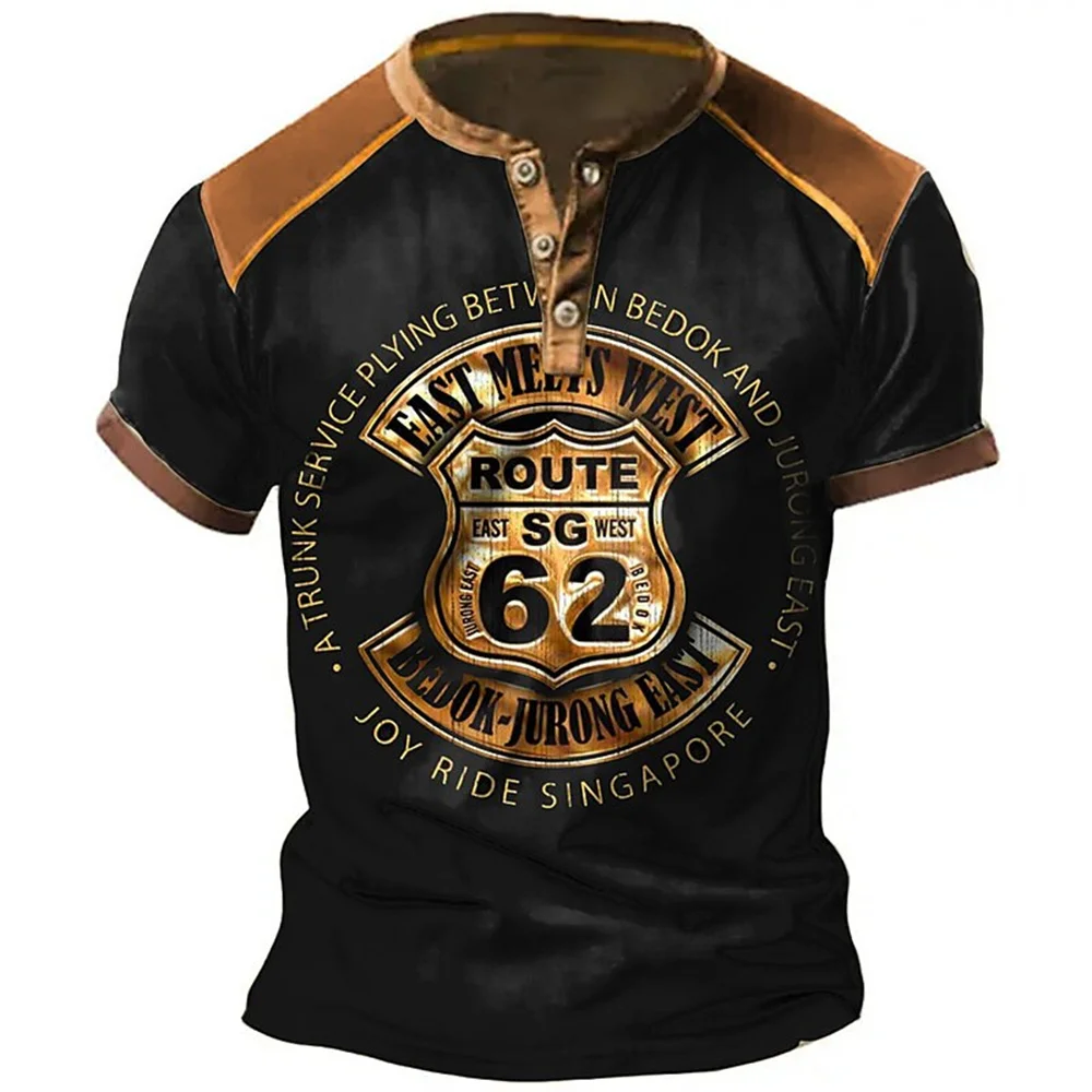 Fashion Men's Henley Shirts Funny 3D Highway 66 Print Tees Casual Button Short Sleeve Tops Summer Oversized Vintage Men Clothes