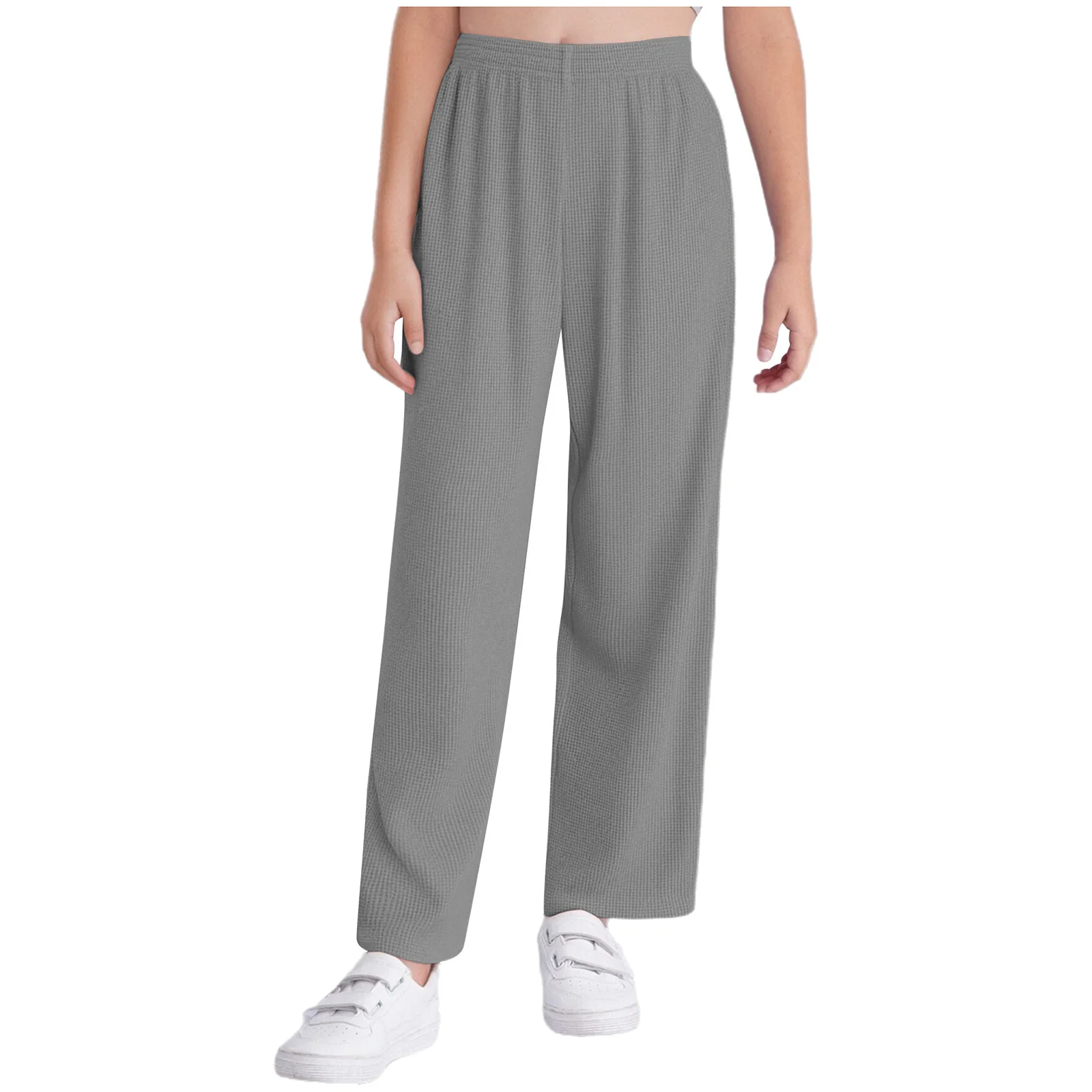 

Kids Girls Straight-Leg Pants Casual Purity Elastic Waistband Waffle Texture Trousers Pants for Picnic Park Holiday Sportswear