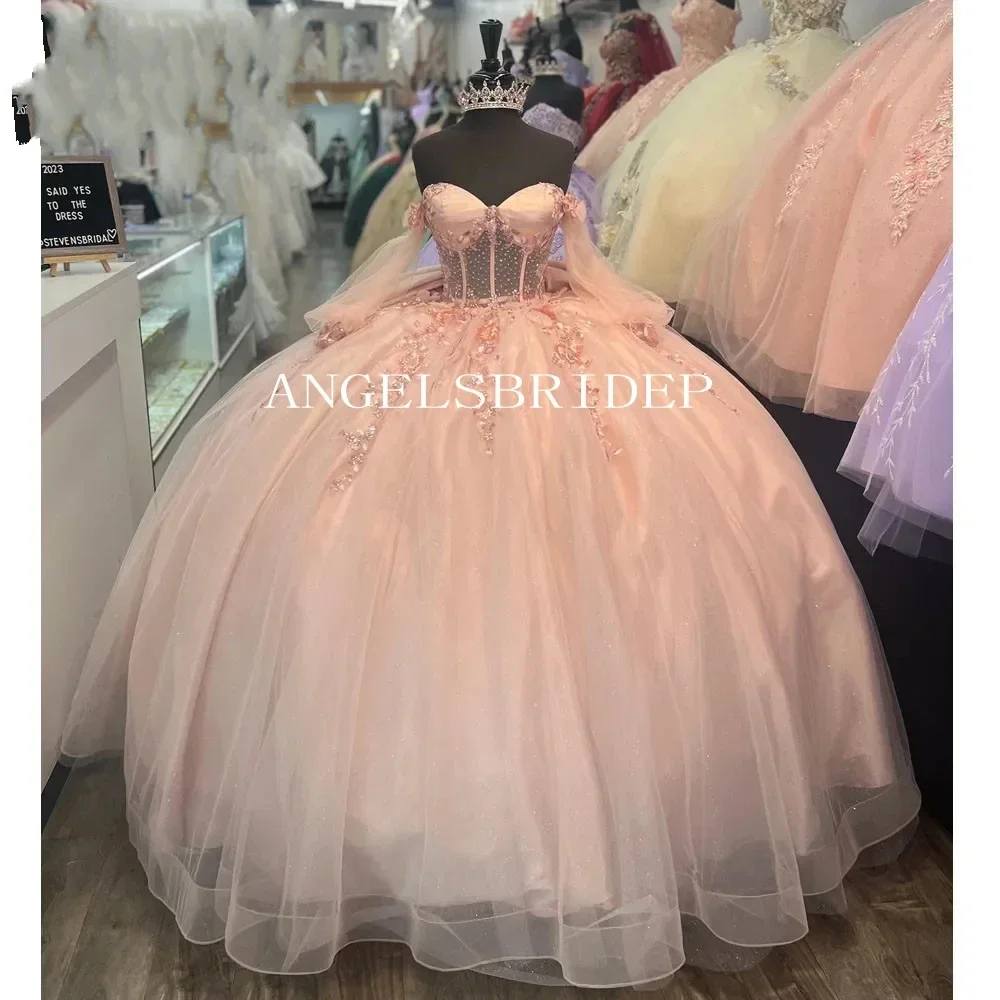 Gaun ilusi merah muda Quinceanera yang indah Vestido De 15 Anos lengan panjang Applique pita belakang pesta Formal putri ulang tahun Gow