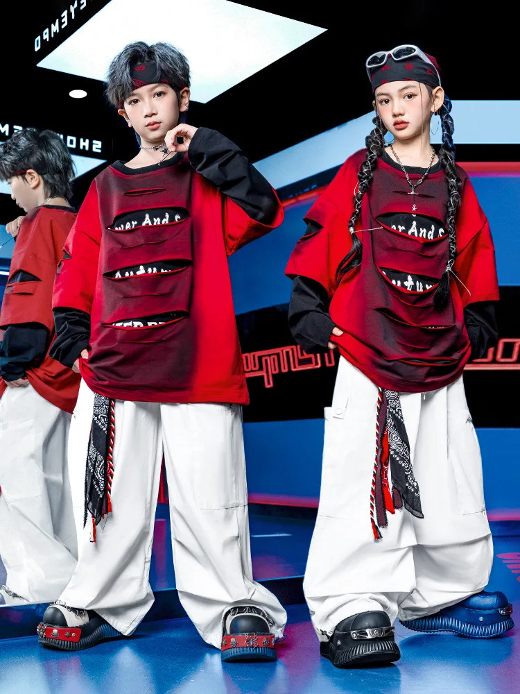 키즈 케이팝 힙합 의류 레드 블랙 찢어진 스웨트셔츠 탑 화이트 패러슈트 카고 팬츠 소녀 소년 스트리트 댄스 의상