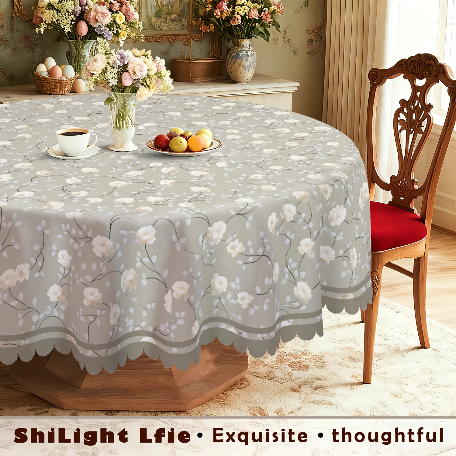 One piece, white floral tablecloth, with a light gray background featuring floral patterns and lace trimmings