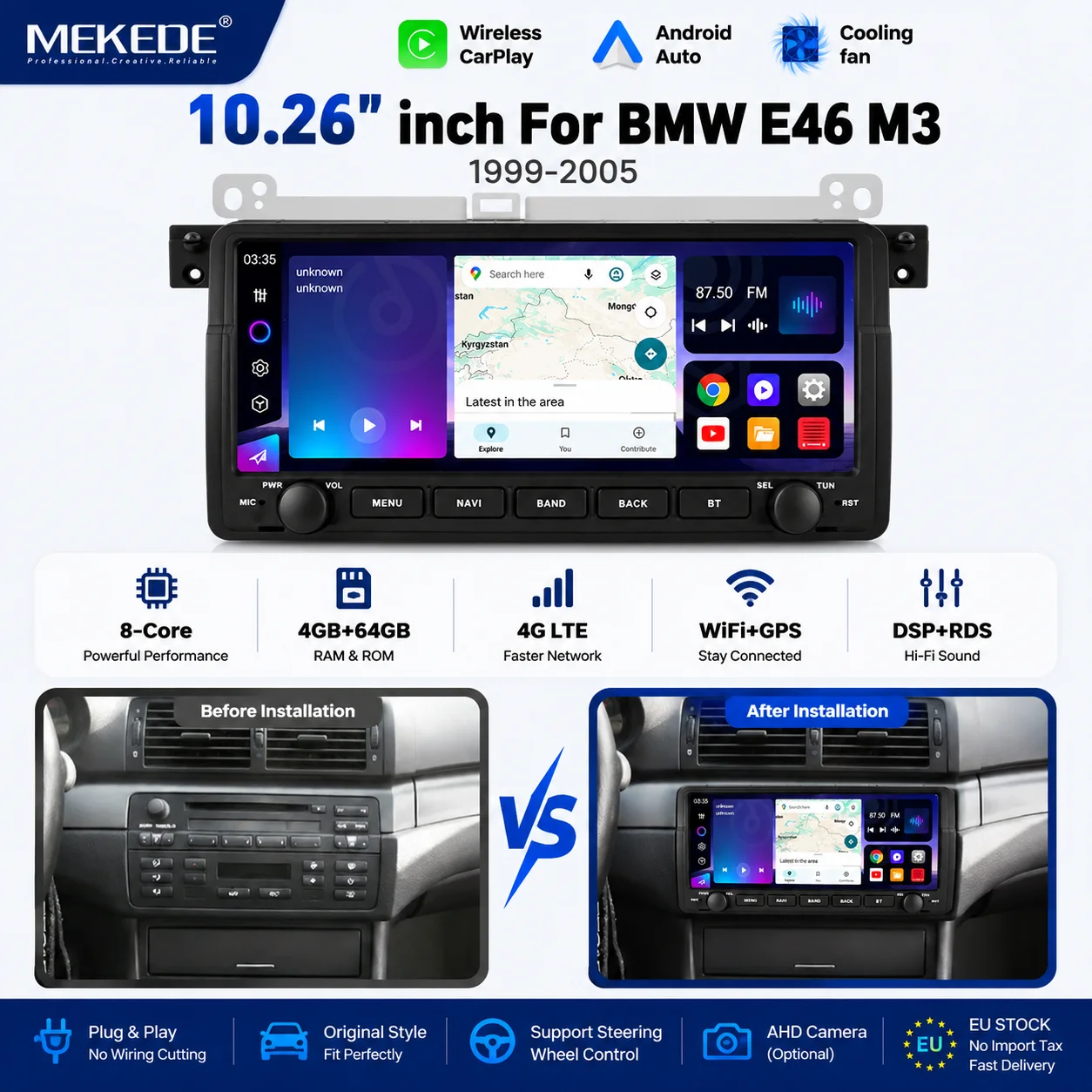 MEKEDE, disponibile in magazzino nell'UE, autoradio Android da 10,26" per BMW E46 M3 318/320/325/330, processore a 8 core, DSP, RDS, 4G LTE, WiFi, navigazione GPS, CarPlay wireless, monitor