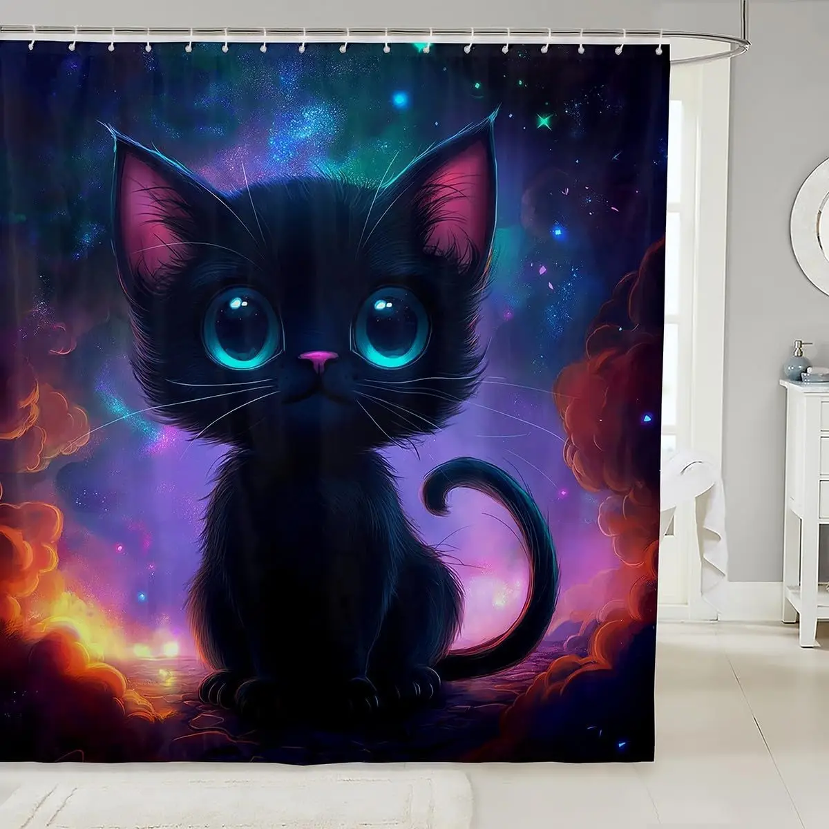 Cute Galaxy Cat Space Shower Curtain Cosmic Nebula Aesthetic Bathroom Decor Waterproof Kitty Art Print Celestial Nursery Gift fo