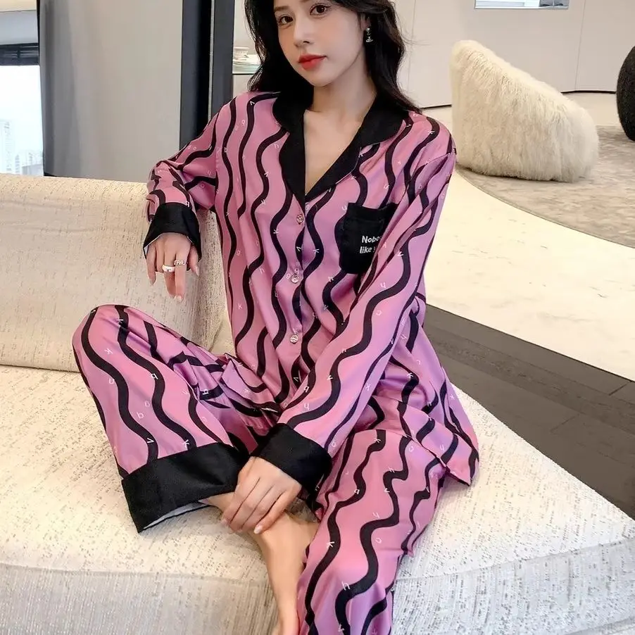 Luxury Pijamas Women 2025 Spring and Autumn Sleepwear Women Ice Silk Striped Long Sleeve Homewear