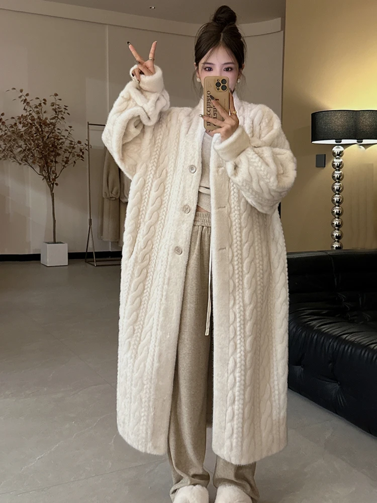 厚みのあるロングタッセルミンクファーコート環境に優しいレザーアウター韓国スタイルVネックボタンスリーブ冬アウター
