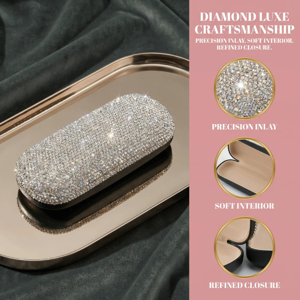 

Shiny Leather Rhinestone Glasses Case Black Large Capacity Glasses Organizer Anti-lost Dust-proof Eyewears Storage Box