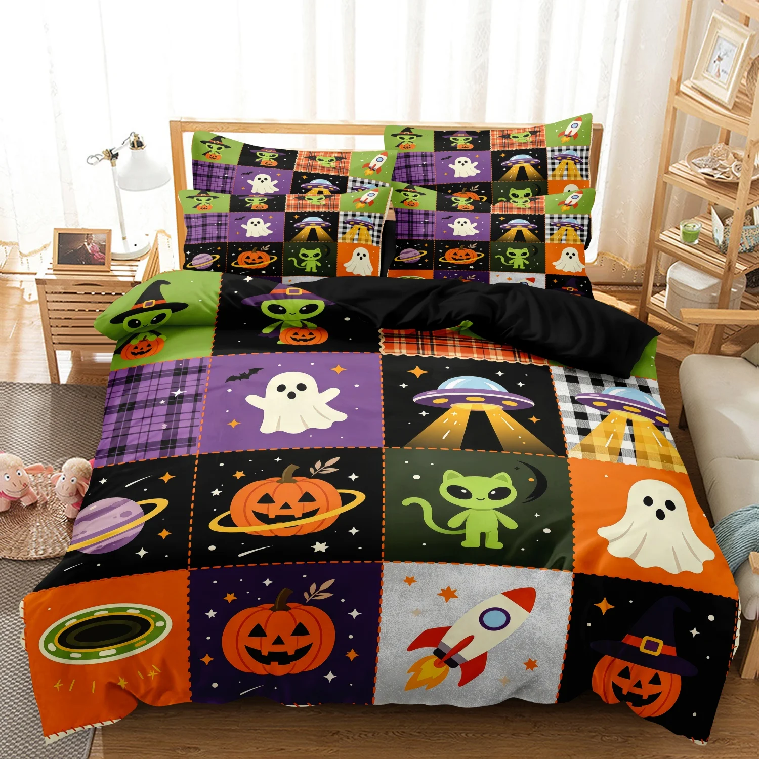 3Pcs Halloween Patchwork Print Duvet Cover Set, Square Block Alien Cat Rocket Planet Saucer Pumpkin Hat Pattern Print Bedding