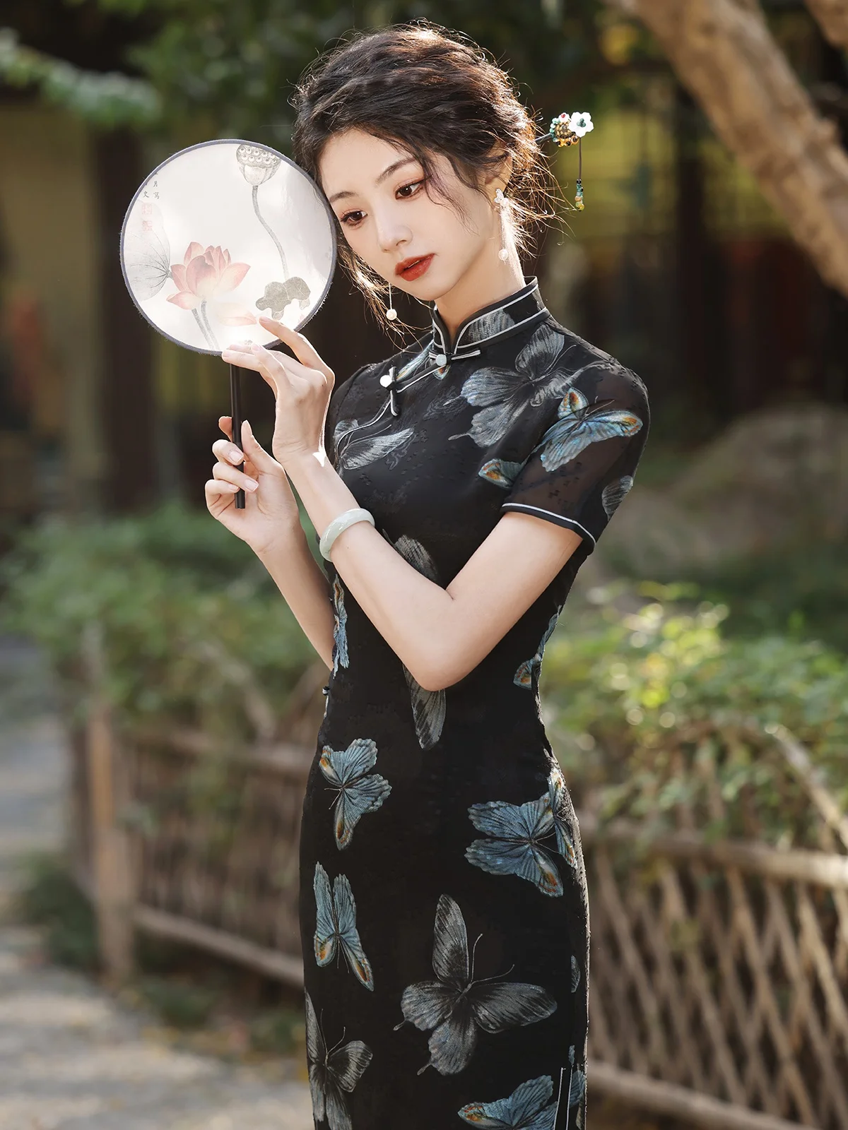 Young Elegant Lady Style Black Cut Flower Cheongsam Spring and Summer New Chinese Short Sleeve Daily Wearable