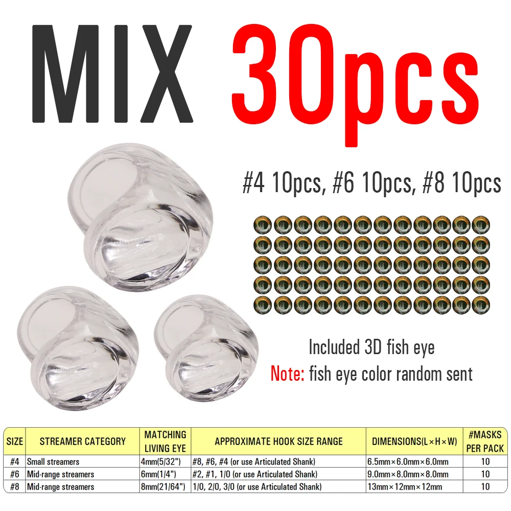 30 stuks, 3 maten, vliegvisserij schedelmaskers met 3D ogen voor het maken van streamers, snoek, baars, forel lokmiddelen, zoutwater vliegvisserij materiaal
