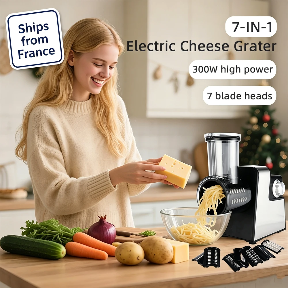 7-in-1 Elektrischer Gemüseschneider 300W Edelstahl-Gemüseschneider Zerkleinerer Schredder Kartoffel-Karotten-Käse-Schneider Küchenhelfer