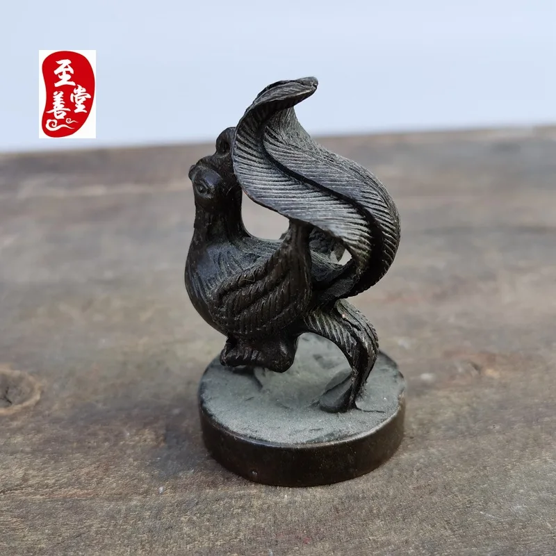 Antique Collection: Old Patina Alloy Bronze Living Room Decorative Ornament - Phoenix Seal Inscription4x6.5CM