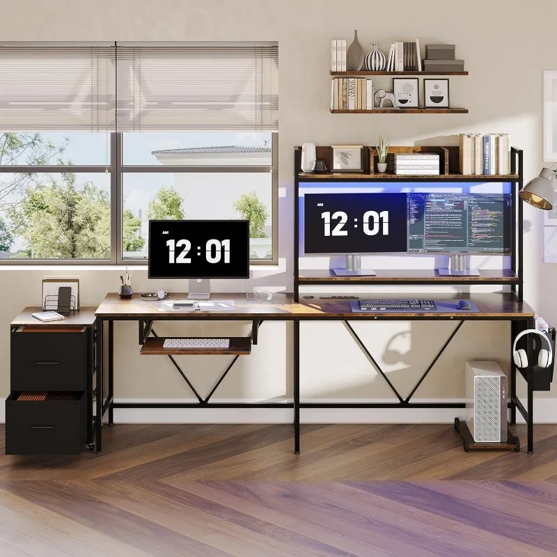 L Shaped Gaming Desk, Reversible Corner Computer Desk with Power Outlet & Led Strip Home Office Desks Drawer File Cabinet