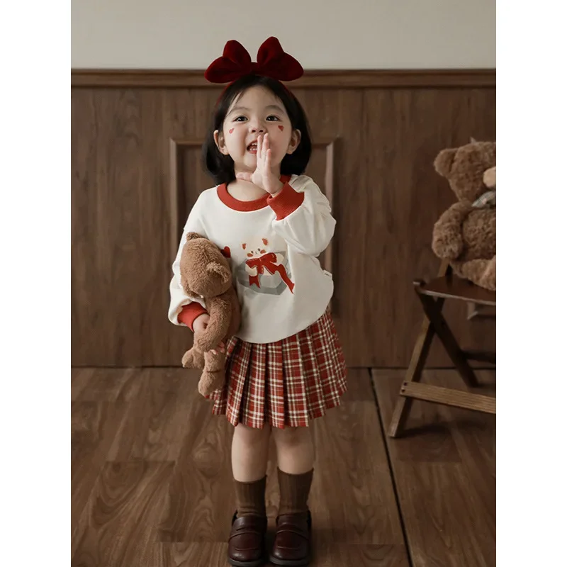 Baby Girls Sweatshirt Cartoon Bear Sweatshirt Plaid Skirt Set Spring Children's Tops and Skirts 5-day Shipping Baby Clothes