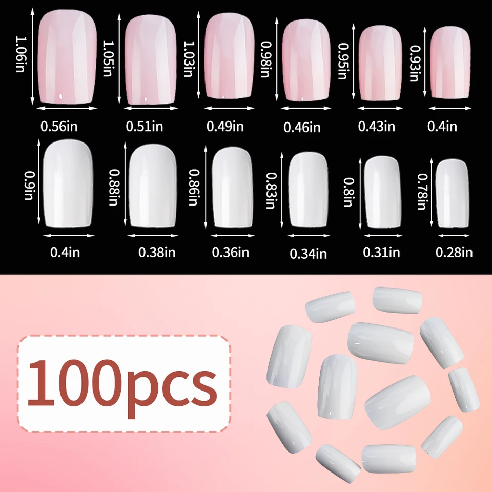 100 Piezas Uñas Postizas Rosa Claro Cortas Medianas Cuadradas Cobertura Completa 10 Tallas Decoración de Dedos 5