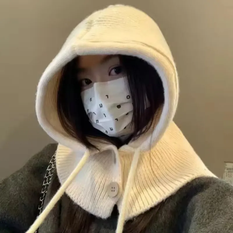 Winter Knitted Balaclava Hoodie Women's Drawstring Integrated Adjustable Brimless Hat Warm and Fashionable Korean Versatile Hat