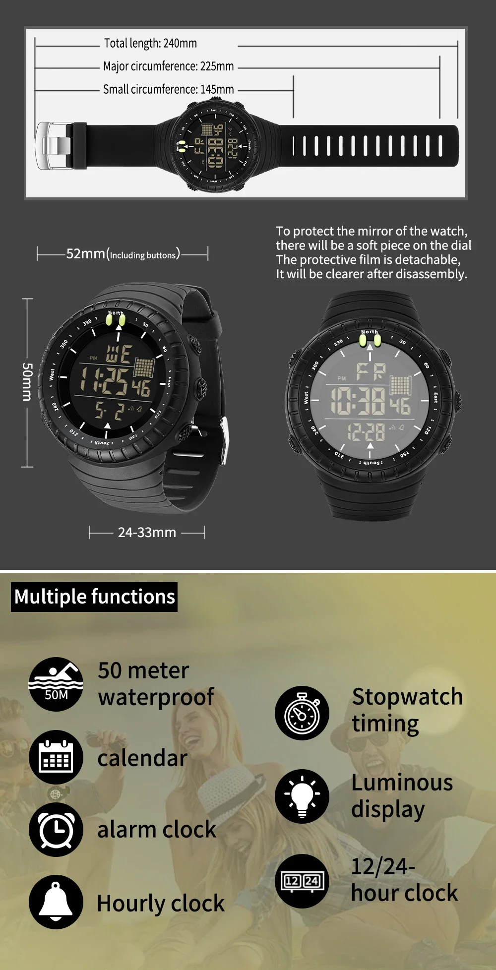 2024 Fashion Sanda 6256 New Electronic Watch Large Dial Outdoor Waterproof Sports Night Light Alarm Clock Multi Functional Men\'s