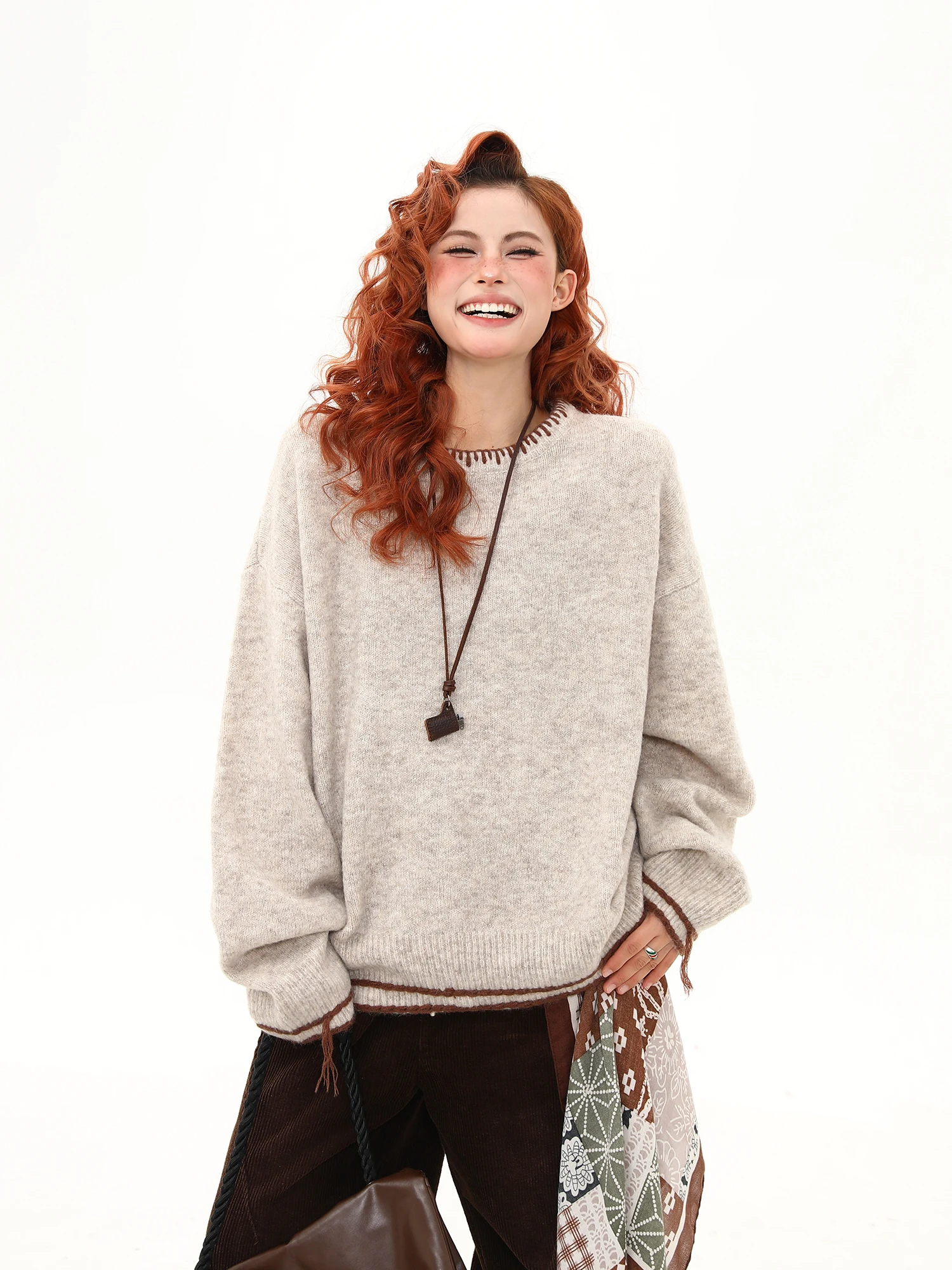 

Вязаный свитер Wild Original ручной работы с круглым вырезом, женский, свободный, винтажный, в уличном стиле, осень-зима