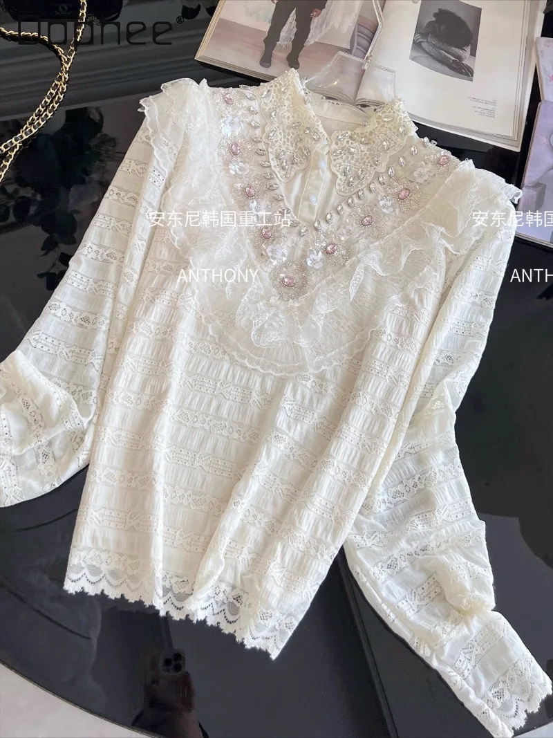 

Korea Heavy Craft Rhinestone Embellished Lace Print Long Sleeve Women Loose Sweet Ruffled Solid Color Versatile Inner Wear Top